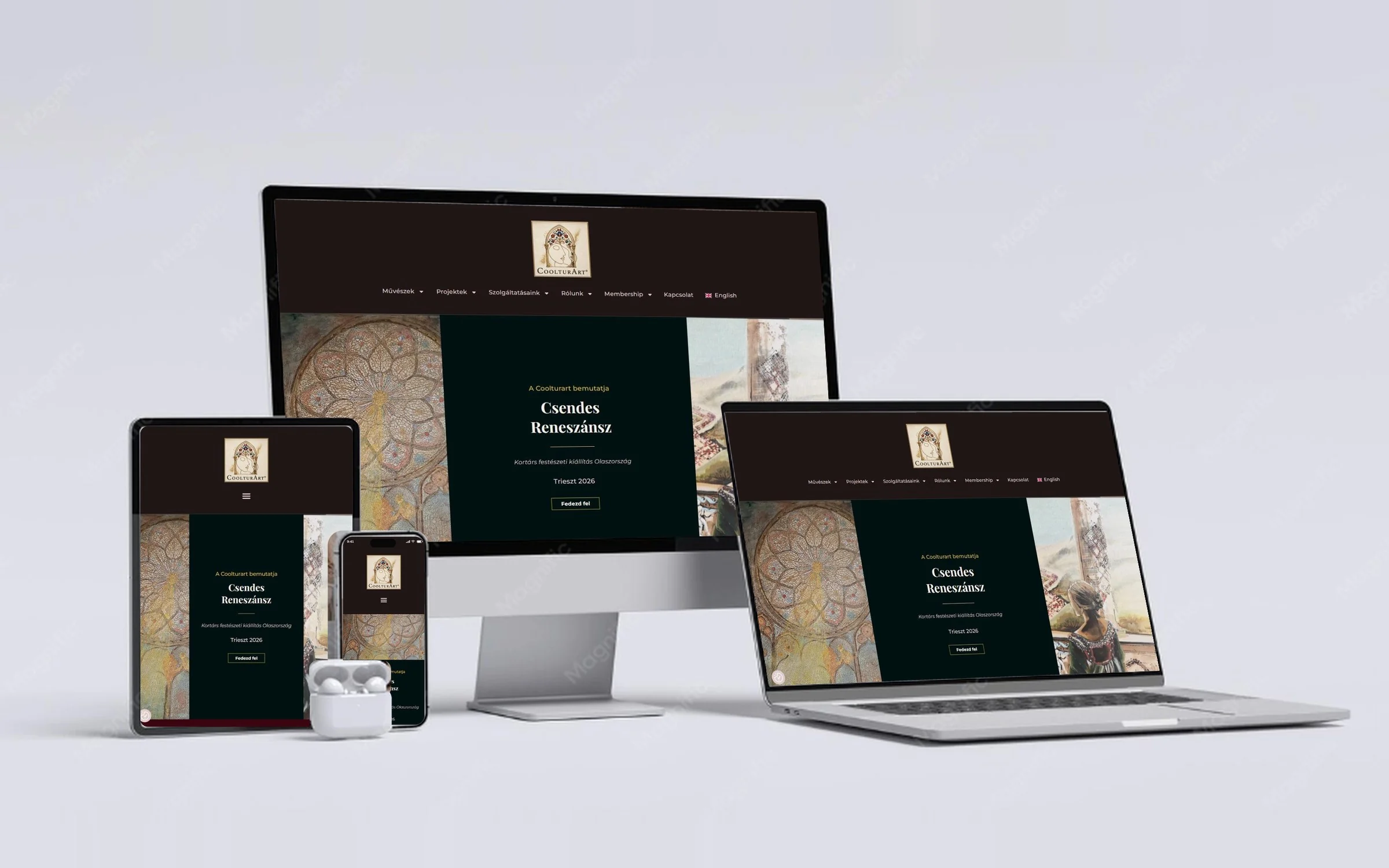 CoolturArt weboldala asztali gépen, laptopon, tableten és telefonon