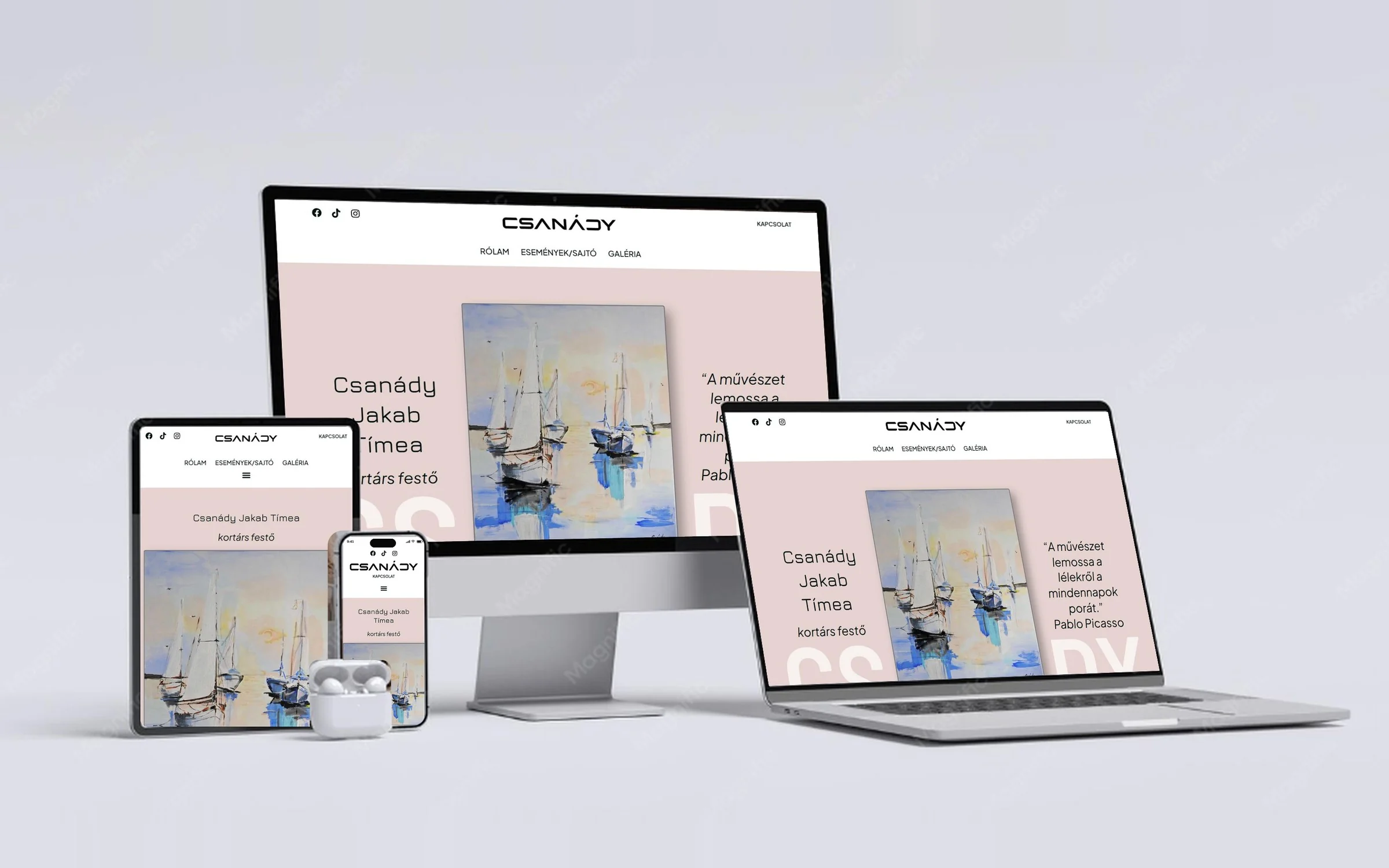 Csanády Art weboldala asztali gépen, laptopon, tableten és telefonon