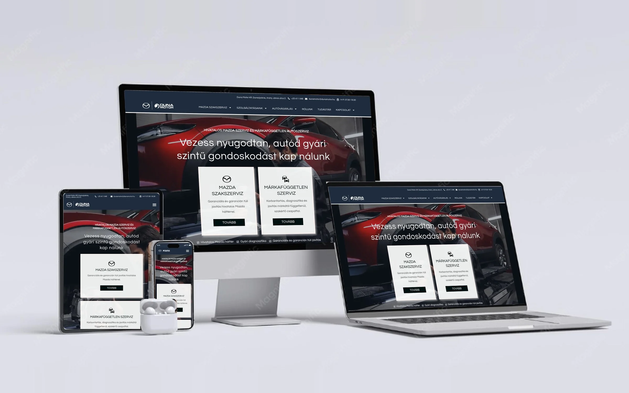 Duna Motor weboldala asztali gépen, laptopon, tableten és telefonon